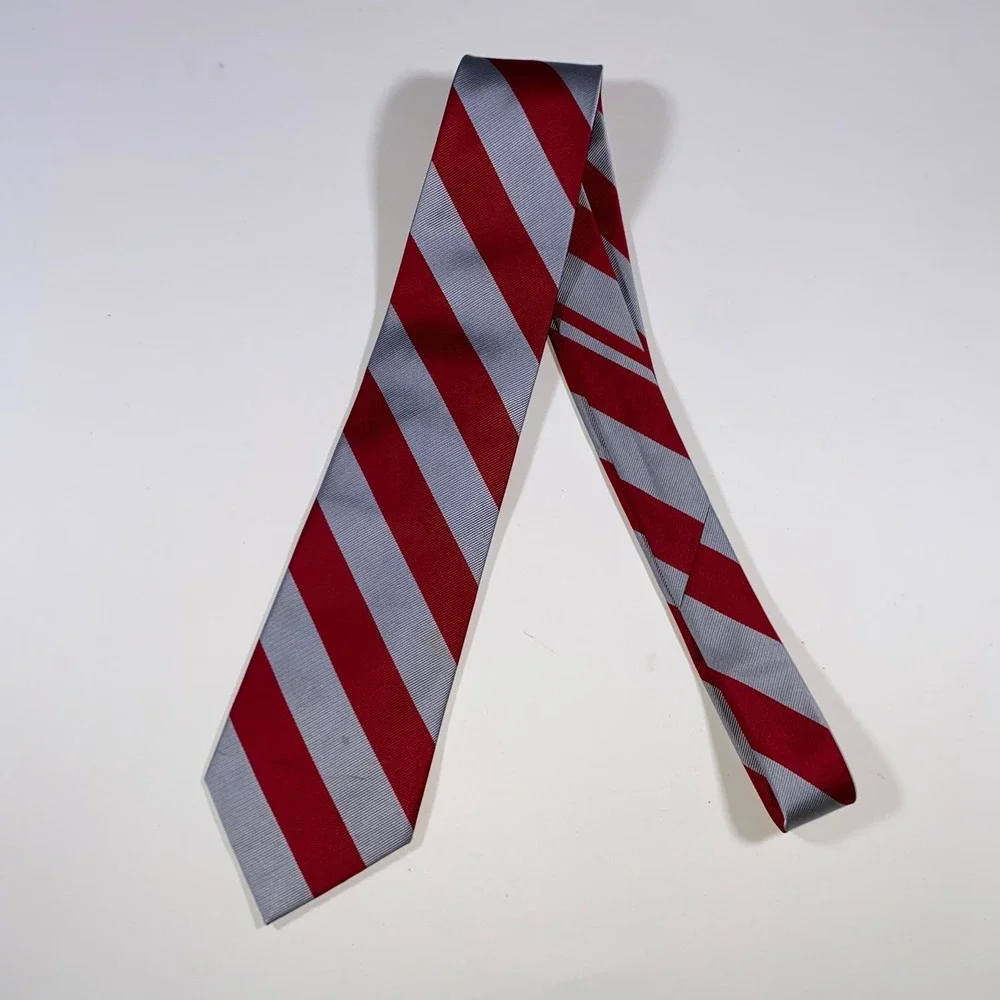 Shore‎ & Singer Mens Red Silver Striped Silk Handmade Necktie Classic 2889